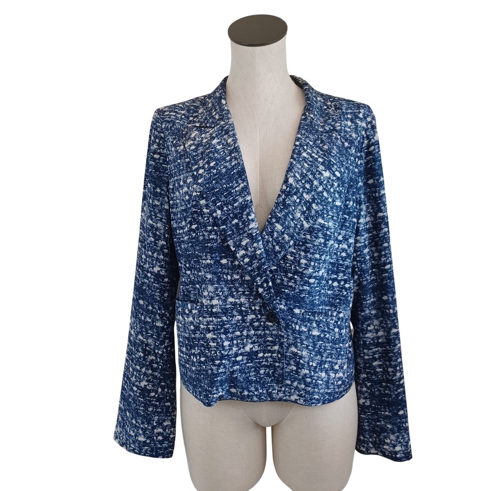 Joie Blue White Abstract Splatter Print Single Button Silk Blazer Jacket Women L